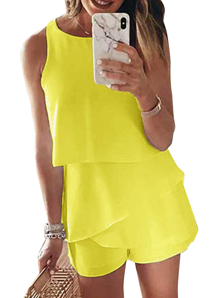 LC64431-7-S, LC64431-7-M, LC64431-7-L, LC64431-7-XL, LC64431-7-2XL, LC64431-7-XS, Yellow Dokotoo Womens Halter Neck Sleeveless Floral Print & Solid Rompers Jumpsuits