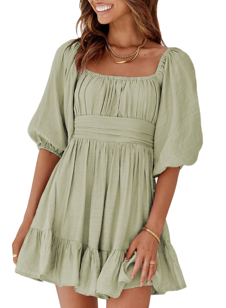 LC2211076-9-S, LC2211076-9-M, LC2211076-9-L, LC2211076-9-XL, LC2211076-9-2XL, Green Dokotoo Womens Summer Dresses Square Neck Tie Back Lantern Sleeve Ruffle A-Line Casual Dress