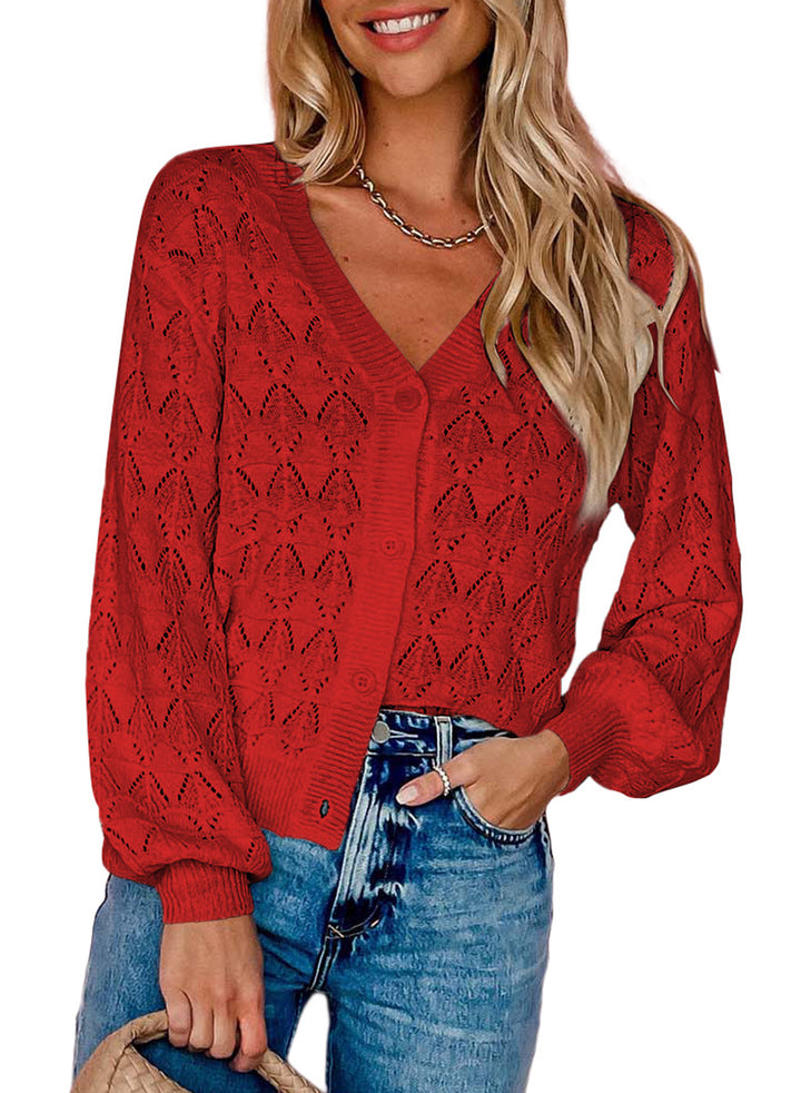 LC271897-P3-S, LC271897-P3-M, LC271897-P3-L, LC271897-P3-XL, LC271897-P3-2XL, Fiery Red Dokotoo Cropped Cardigan Sweaters for Women Long Sleeve Crochet Knit Shrug Open Front V-Neck Button up Tops