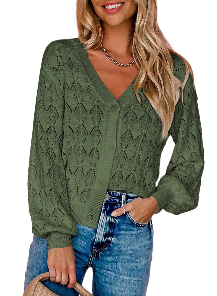 LC271897-9-S, LC271897-9-M, LC271897-9-L, LC271897-9-XL, LC271897-9-2XL, Green Dokotoo Cropped Cardigan Sweaters for Women Long Sleeve Crochet Knit Shrug Open Front V-Neck Button up Tops
