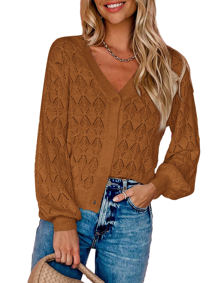LC271897-17-S, LC271897-17-M, LC271897-17-L, LC271897-17-XL, LC271897-17-2XL, Brown Dokotoo Cropped Cardigan Sweaters for Women Long Sleeve Crochet Knit Shrug Open Front V-Neck Button up Tops