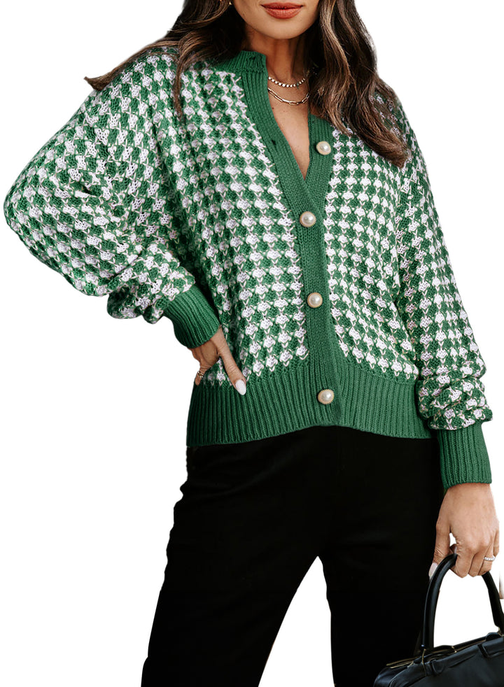 LC2711020-9-S, LC2711020-9-M, LC2711020-9-L, LC2711020-9-XL, LC2711020-9-2XL, Green Dokotoo Cardigan Sweaters for Women V Neck Button Down Long Sleeve Plaid Knit Cardigans Sweater Tops