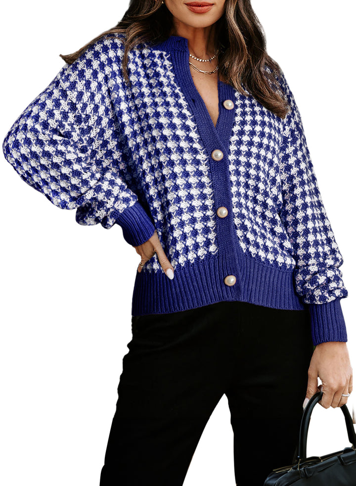 LC2711020-5-S, LC2711020-5-M, LC2711020-5-L, LC2711020-5-XL, LC2711020-5-2XL, Blue Dokotoo Cardigan Sweaters for Women V Neck Button Down Long Sleeve Plaid Knit Cardigans Sweater Tops