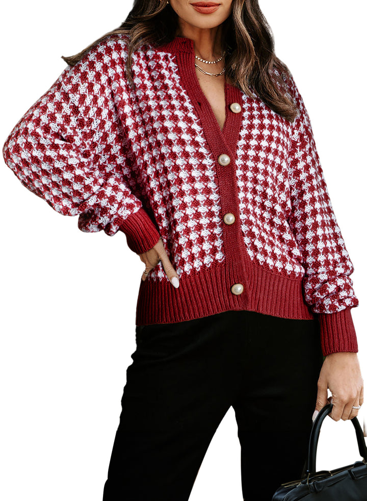 LC2711020-3-S, LC2711020-3-M, LC2711020-3-L, LC2711020-3-XL, LC2711020-3-2XL, Red Dokotoo Cardigan Sweaters for Women V Neck Button Down Long Sleeve Plaid Knit Cardigans Sweater Tops