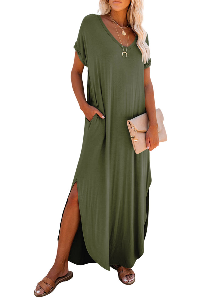 LC6118514-P609-S, LC6118514-P609-M, LC6118514-P609-L, LC6118514-P609-XL, Jungle Green Dokotoo Womens Summer Fashion Long Dress Short Sleeve Casual Loose Split Maxi Beach Dresses with Pockets