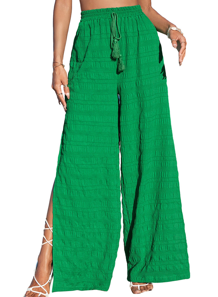 LC7712404-P9-S, LC7712404-P9-M, LC7712404-P9-L, LC7712404-P9-XL, Green Dokotoo Casual Wide Leg Pants for Women Elastic High Waist Tie Drawstring Side Split Pants