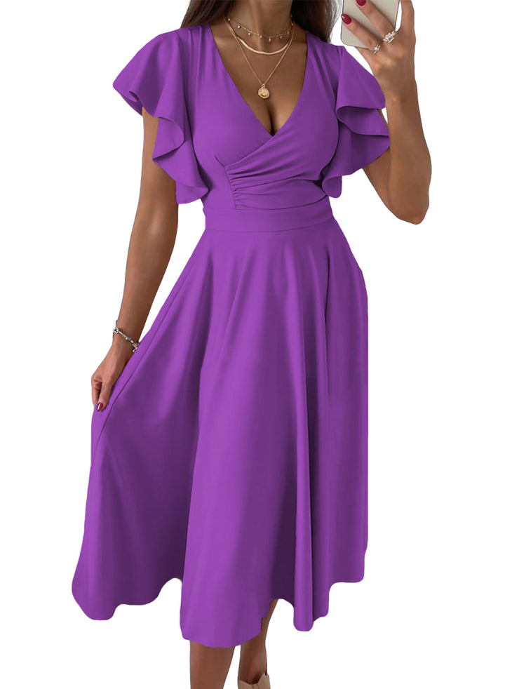 LC6110363-8-S, LC6110363-8-M, LC6110363-8-L, LC6110363-8-XL, LC6110363-8-2XL, Purple Dokotoo Women's V Neck Elegant Party Dress Short Sleeve Skater Dress Wedding Guest Dresses