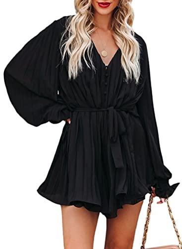 Dokotoo Womens 2022 Summer Buttons V Neck Tie Waist Flared Pleated Drape Long Sleeve Rompers Jumpsuits