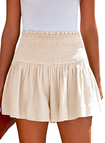 Dokotoo Womens Shorts Cotton High Elastic Waisted Pleated Ruffle Cute Shorts Beach Flowy Casual Shorts S-XL