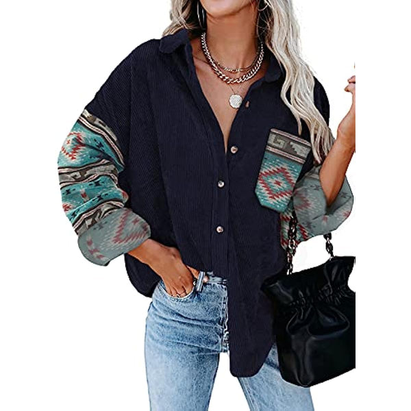Dokotoo Womens Shacket Contrast Patchwork Corduroy Shirt Long Sleeve Button Down Shirts Oversized Blouses Tops Jacket