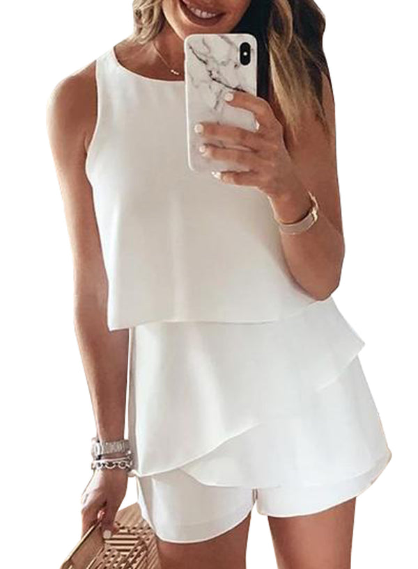 LC64431-1-S, LC64431-1-M, LC64431-1-L, LC64431-1-XL, LC64431-1-2XL, LC64431-1-XS, White Dokotoo Womens Halter Neck Sleeveless Floral Print & Solid Rompers Jumpsuits
