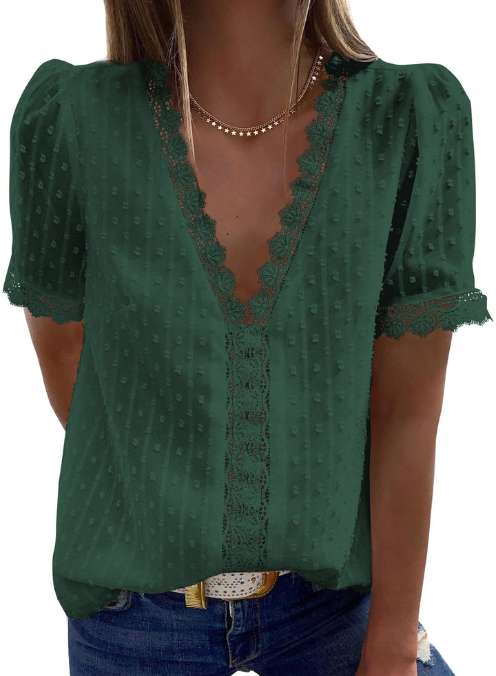 LC2514004-9-S, LC2514004-9-M, LC2514004-9-L, LC2514004-9-XL, LC2514004-9-2XL, Green Dokotoo Women's V Neck Lace Crochet Tunic Tops Flowy Casual Blouses Shirts