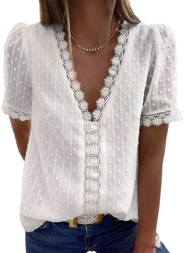 LC2514004-1-S, LC2514004-1-M, LC2514004-1-L, LC2514004-1-XL, LC2514004-1-2XL, White Dokotoo Women's V Neck Lace Crochet Tunic Tops Flowy Casual Blouses Shirts