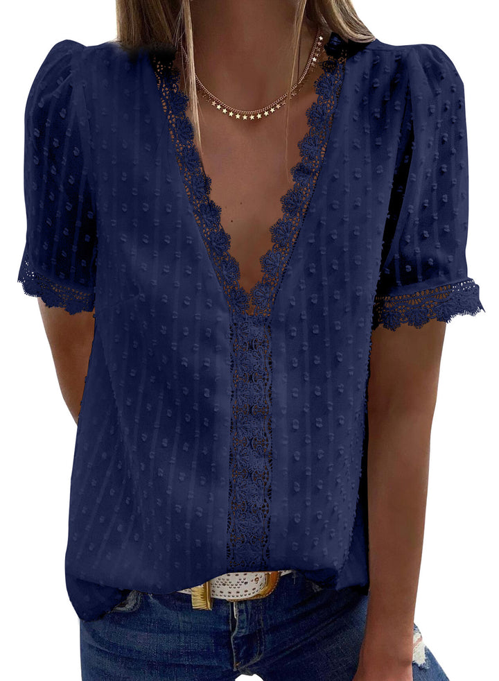 LC2514004-5-S, LC2514004-5-M, LC2514004-5-L, LC2514004-5-XL, LC2514004-5-2XL, Blue Dokotoo Women's V Neck Lace Crochet Tunic Tops Flowy Casual Blouses Shirts