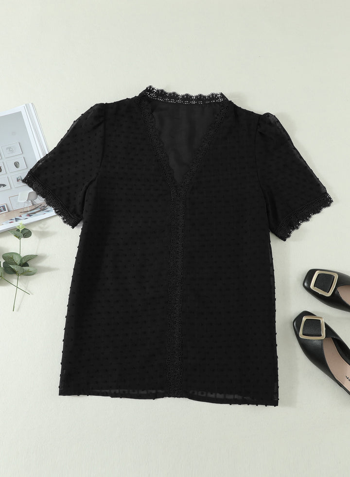 LC2514004-2-S, LC2514004-2-M, LC2514004-2-L, LC2514004-2-XL, LC2514004-2-2XL, Black Dokotoo Women's V Neck Lace Crochet Tunic Tops Flowy Casual Blouses Shirts