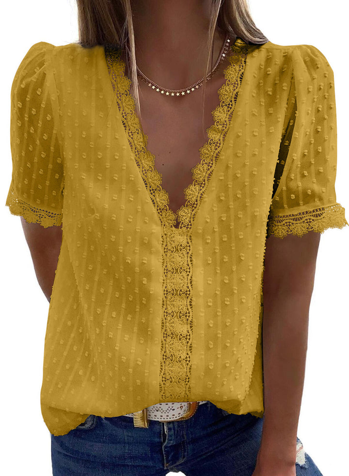 LC2514004-7-S, LC2514004-7-M, LC2514004-7-L, LC2514004-7-XL, LC2514004-7-2XL, Yellow Dokotoo Women's V Neck Lace Crochet Tunic Tops Flowy Casual Blouses Shirts