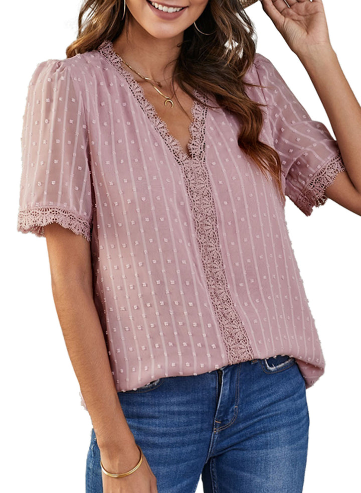 LC2514004-10-S, LC2514004-10-M, LC2514004-10-L, LC2514004-10-XL, LC2514004-10-2XL, Pink Dokotoo Women's V Neck Lace Crochet Tunic Tops Flowy Casual Blouses Shirts