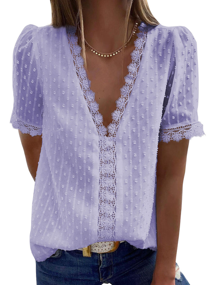 LC2514004-8-S, LC2514004-8-M, LC2514004-8-L, LC2514004-8-XL, LC2514004-8-2XL, Purple Dokotoo Women's V Neck Lace Crochet Tunic Tops Flowy Casual Blouses Shirts