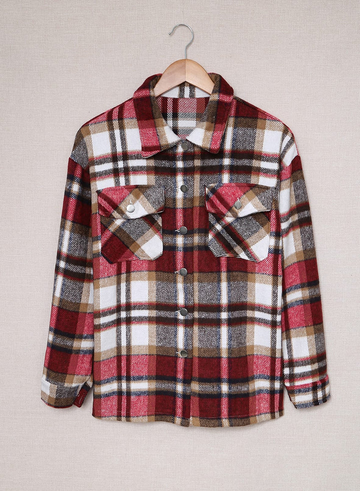 LC255462-3-S, LC255462-3-M, LC255462-3-L, LC255462-3-XL, LC255462-3-2XL, Red Dokotoo Geometric Plaid Print Pocketed Shacket