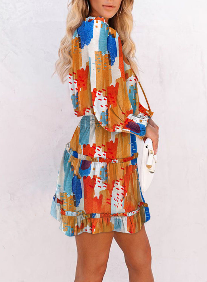 LC228502-1022-S, LC228502-1022-M, LC228502-1022-L, LC228502-1022-XL, Multicolor Dokotoo Womens 2023 Floral Print Split V Neck Ruffle Chiffon Elegant Mini Short Skirt Dresses