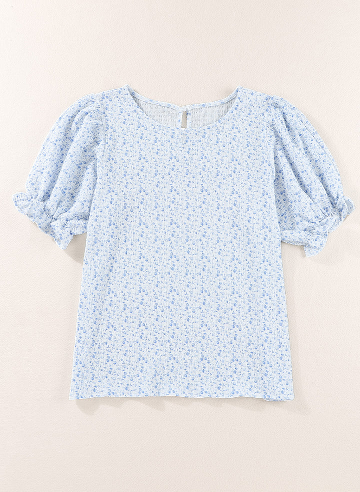 LC25114337-4-S, LC25114337-4-M, LC25114337-4-L, LC25114337-4-XL, LC25114337-4-2XL, Sky Blue Dokotoo Floral Print Blouses for Women Crewneck Smocked Puff Sleeve Shirts Casual Babydoll Tops