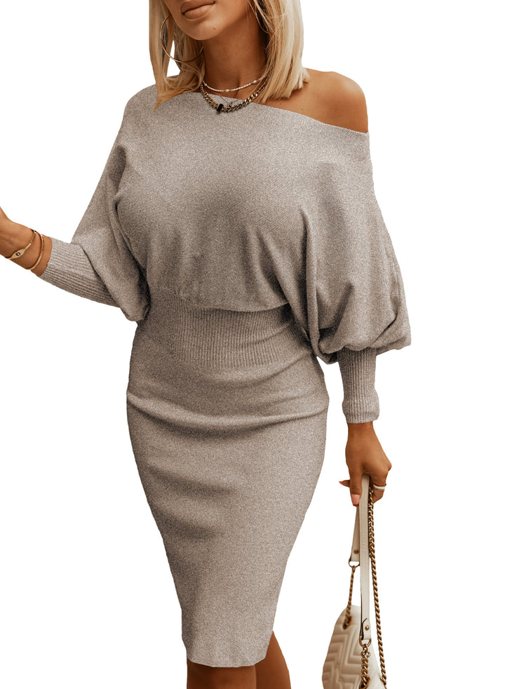 LC273330-11-S, LC273330-11-M, LC273330-11-L, LC273330-11-XL, LC273330-11-2XL, Gray Dokotoo Women's Elegant Off Shoulder Long Lantern Sleeve Sweater Dress Elastic Waist Bodycon Mini Dresses