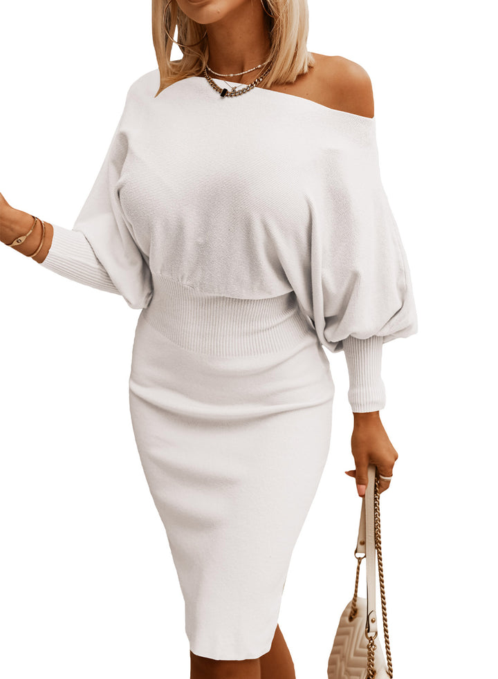 LC273330-1-S, LC273330-1-M, LC273330-1-L, LC273330-1-XL, LC273330-1-2XL, White Dokotoo Batwing Sleeves Cinched Waist Ribbed Sweater Dress