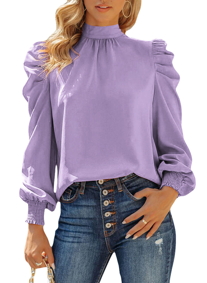 LC25115398-8-S, LC25115398-8-M, LC25115398-8-L, LC25115398-8-XL, LC25115398-8-2XL, Purple Dokotoo Womens 2023 Long Sleeve High Neck Puff Long Sleeve Casual Loose Shirts Tops and Blouses