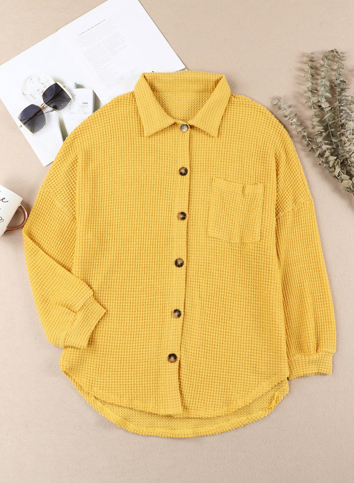 LC2552552-7-S, LC2552552-7-M, LC2552552-7-L, LC2552552-7-XL, LC2552552-7-2XL, Yellow Dokotoo Waffle Knit Button Up Casual Blouse