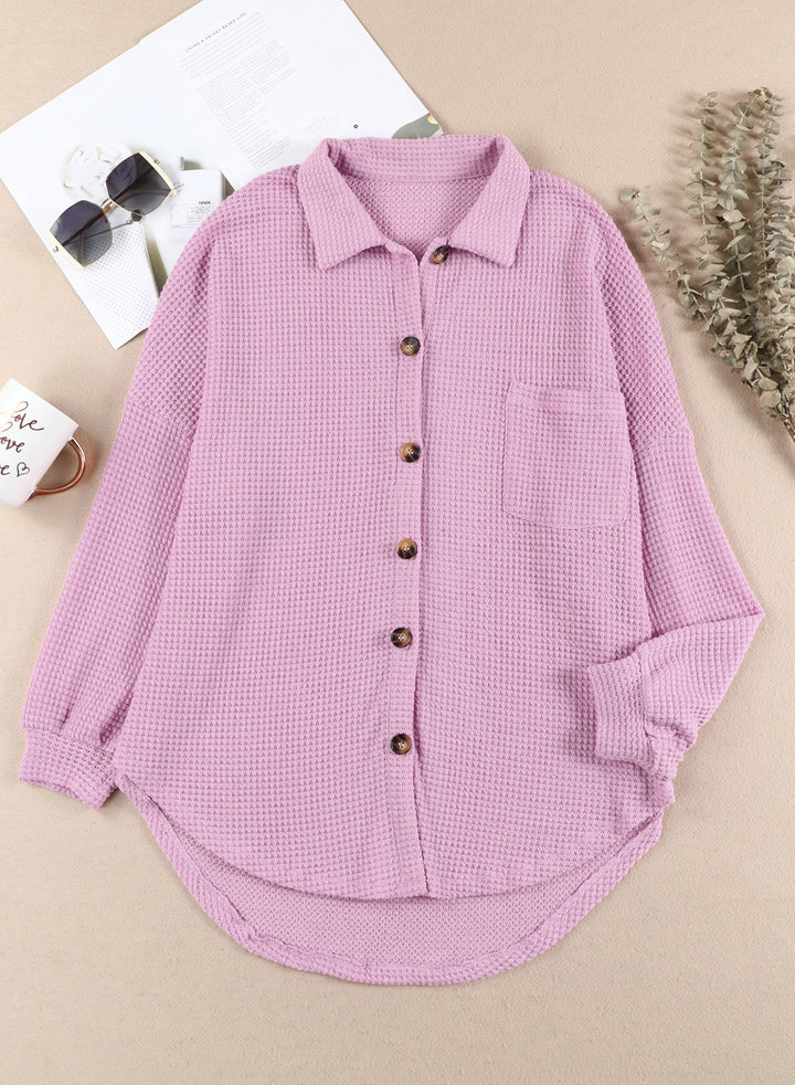 LC2552552-8-S, LC2552552-8-M, LC2552552-8-L, LC2552552-8-XL, LC2552552-8-2XL, Purple Dokotoo Waffle Knit Button Up Casual Blouse