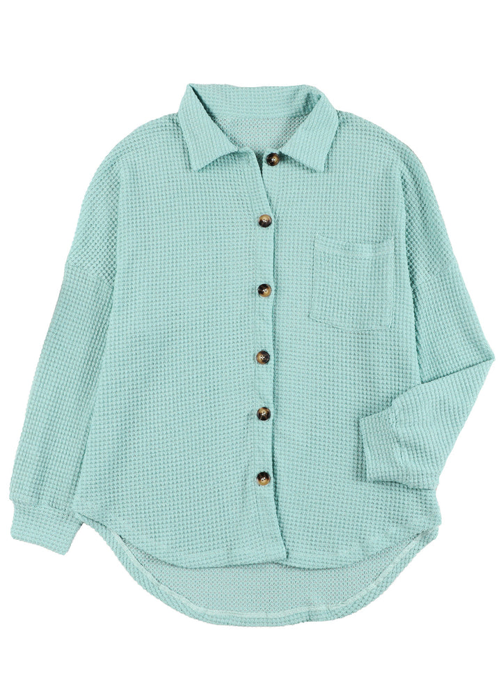 LC2552552-9-S, LC2552552-9-M, LC2552552-9-L, LC2552552-9-XL, LC2552552-9-2XL, Green Dokotoo Waffle Knit Button Up Casual Blouse