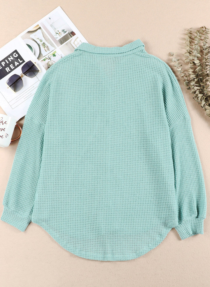 LC2552552-9-S, LC2552552-9-M, LC2552552-9-L, LC2552552-9-XL, LC2552552-9-2XL, Green Dokotoo Waffle Knit Button Up Casual Blouse