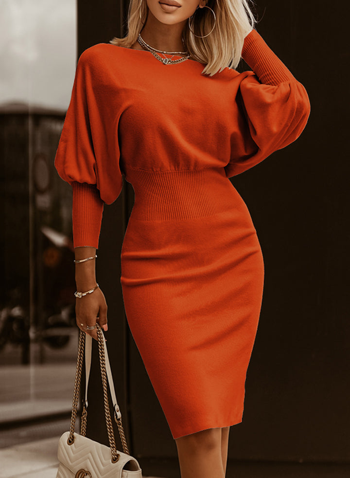 LC273330-14-S, LC273330-14-M, LC273330-14-L, LC273330-14-XL, LC273330-14-2XL, Orange Dokotoo Women's Elegant Off Shoulder Long Lantern Sleeve Sweater Dress Elastic Waist Bodycon Mini Dresses