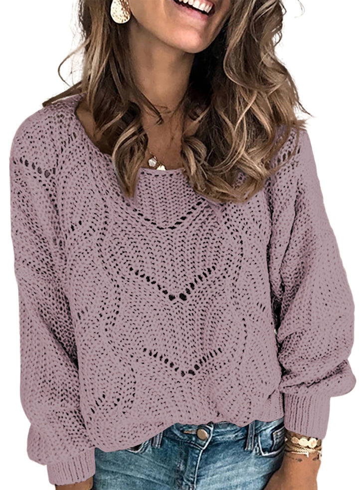 LC272154-8-S, LC272154-8-M, LC272154-8-L, LC272154-8-XL, LC272154-8-2XL, Purple Dokotoo Womens 2023 Cute Elegant Soft Crewneck Long Sleeve Hollow Cable Knit Pullover Sweaters