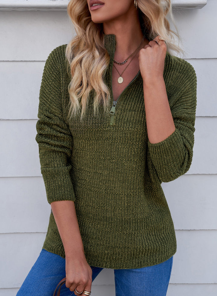 LC2722225-9-S, LC2722225-9-M, LC2722225-9-L, LC2722225-9-XL, LC2722225-9-2XL, Green Dokotoo Zipped Turtleneck Drop Shoulder Knit Sweater