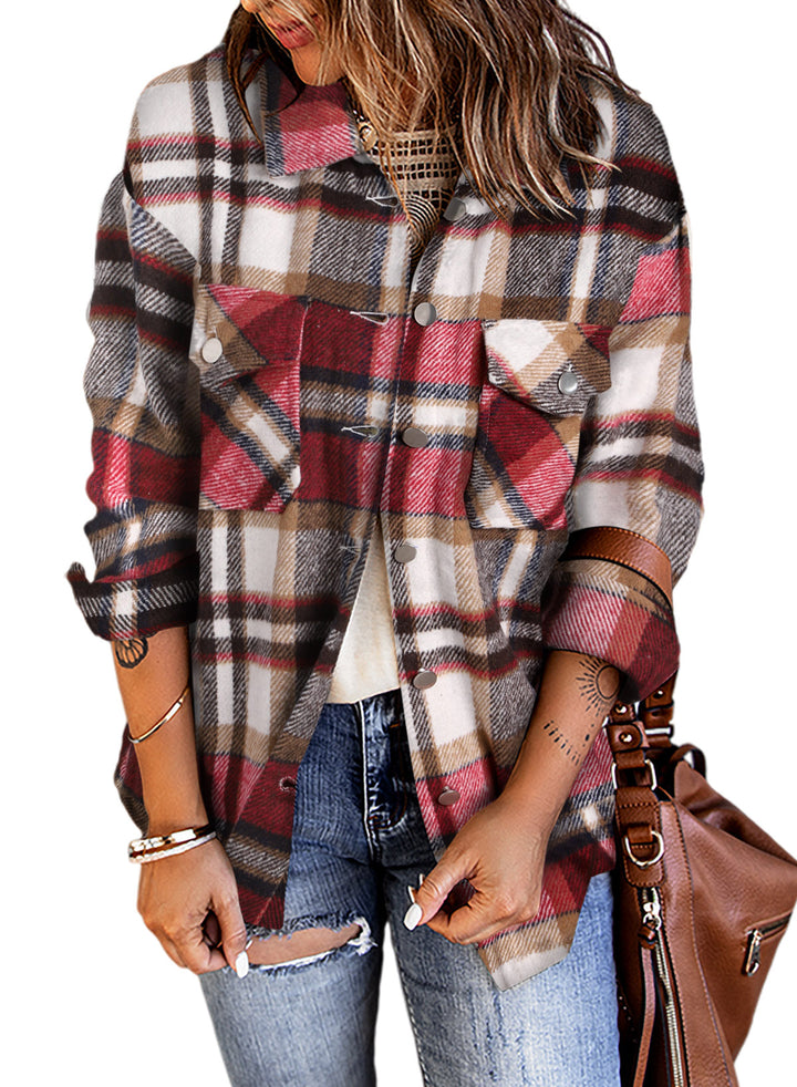 LC255462-3-S, LC255462-3-M, LC255462-3-L, LC255462-3-XL, LC255462-3-2XL, Red Dokotoo Geometric Plaid Print Pocketed Shacket