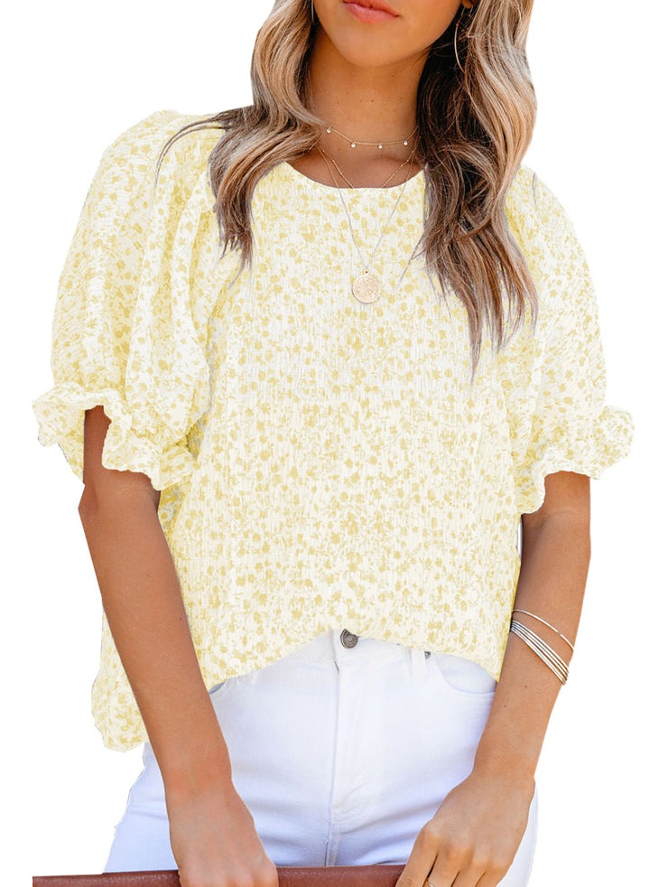 LC25114337-7-S, LC25114337-7-M, LC25114337-7-L, LC25114337-7-XL, LC25114337-7-2XL, Yellow Dokotoo Floral Print Blouses for Women Crewneck Smocked Puff Sleeve Shirts Casual Babydoll Tops