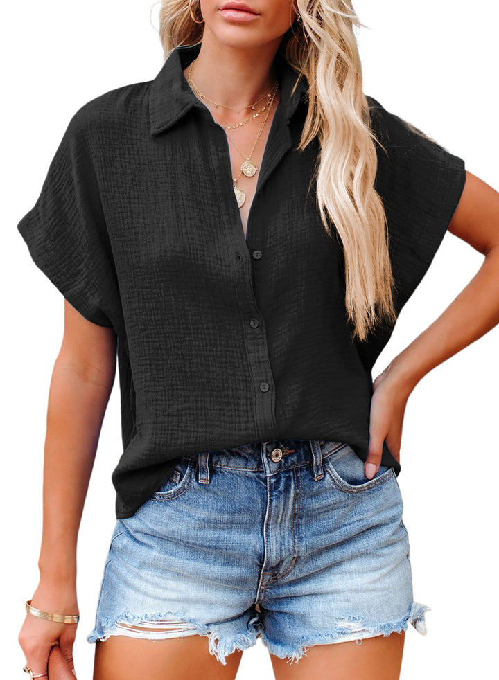 LC2553184-2-S, LC2553184-2-M, LC2553184-2-L, LC2553184-2-XL, LC2553184-2-2XL, Black Dokotoo Casual V Neck Button Down Shirts for Women Solid Short Sleeve Blouse Tops