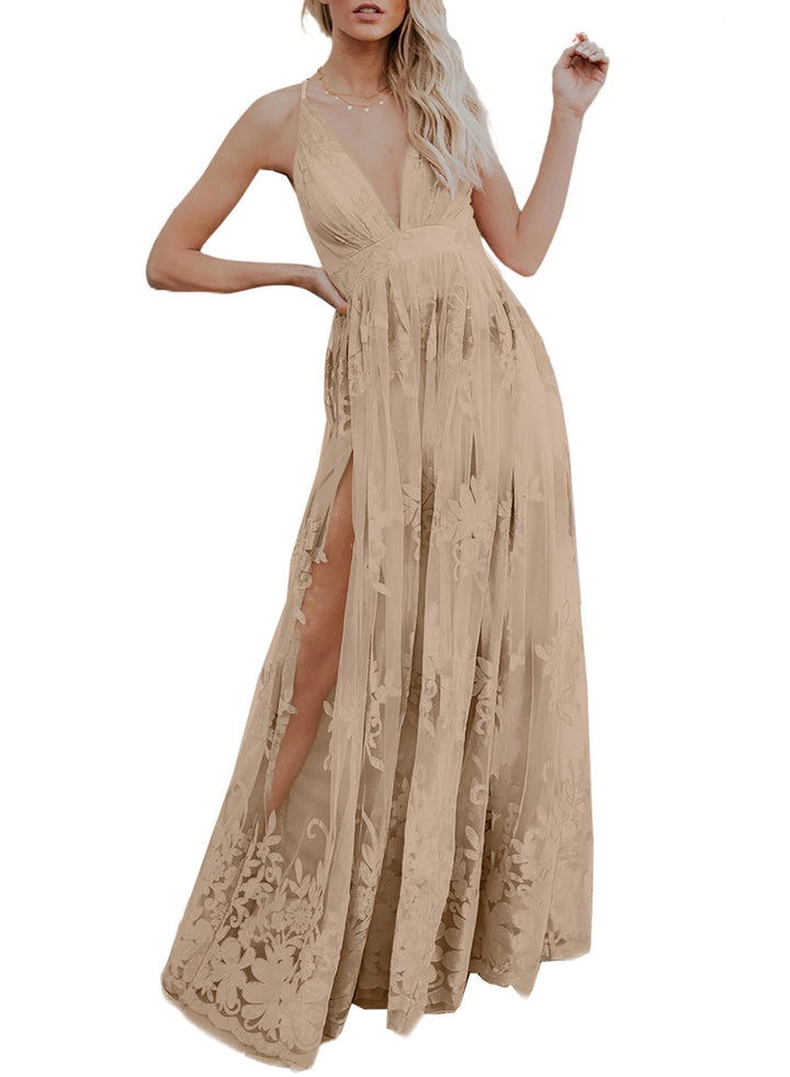 LC6110502-18-S, LC6110502-18-M, LC6110502-18-L, LC6110502-18-XL, Apricot Dokotoo Womens 2023 Formal Dresses Plunging V-Neck Embroidered Floral Lace Mesh Velvet Maxi Dress