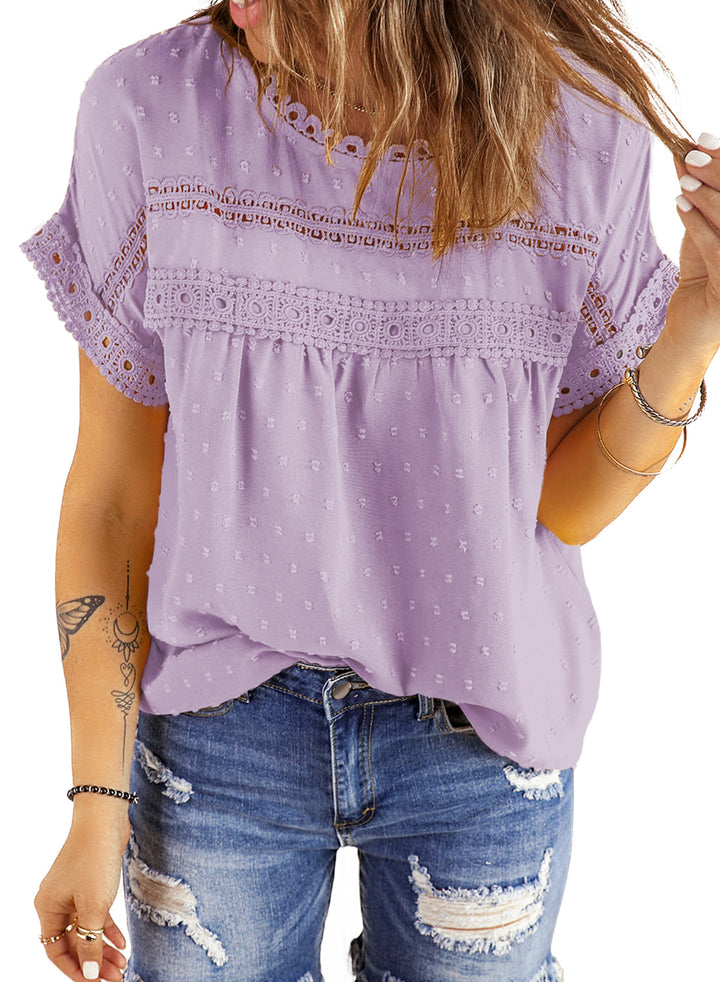 LC25112117-8-S, LC25112117-8-M, LC25112117-8-L, LC25112117-8-XL, LC25112117-8-2XL, Purple Dokotoo Womens Summer Tops Crewneck Lace Crochet Short Sleeve Shirts Casual Chiffon Blouses