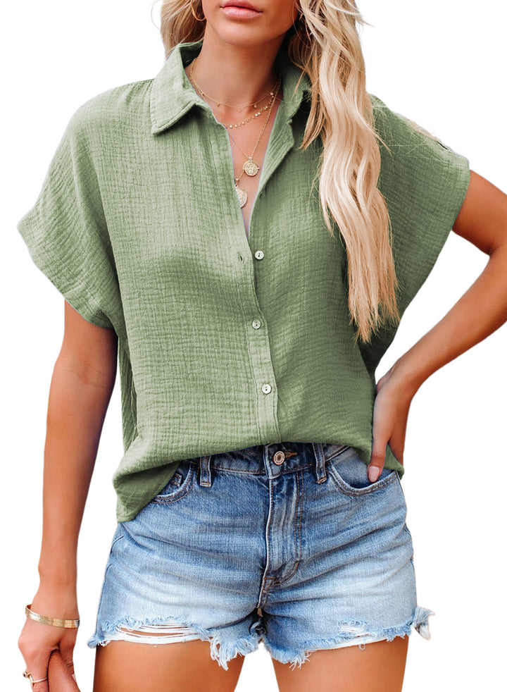 LC2553184-9-S, LC2553184-9-M, LC2553184-9-L, LC2553184-9-XL, LC2553184-9-2XL, Green Dokotoo Casual V Neck Button Down Shirts for Women Solid Short Sleeve Blouse Tops