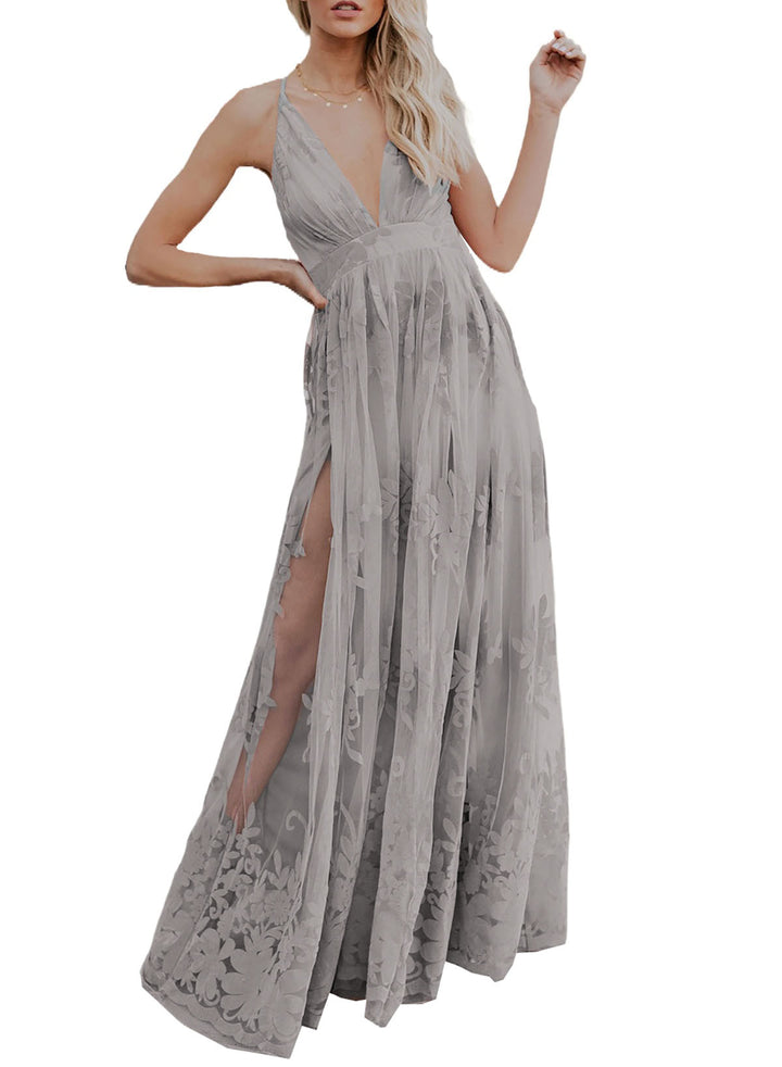 LC6110502-11-L, LC6110502-11-M, LC6110502-11-S, LC6110502-11-XL, Gray Dokotoo Womens 2023 Formal Dresses Plunging V-Neck Embroidered Floral Lace Mesh Velvet Maxi Dress