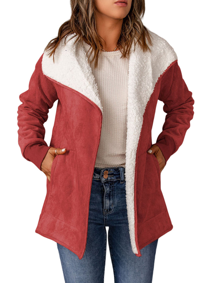 LC8512408-3-S, LC8512408-3-M, LC8512408-3-L, LC8512408-3-XL, LC8512408-3-2XL, LC8512408-3-XXL, Red Dokotoo Women's Winter Warm Stand Collar Sherpa Lined Outerwear Fleece Jacket Coats