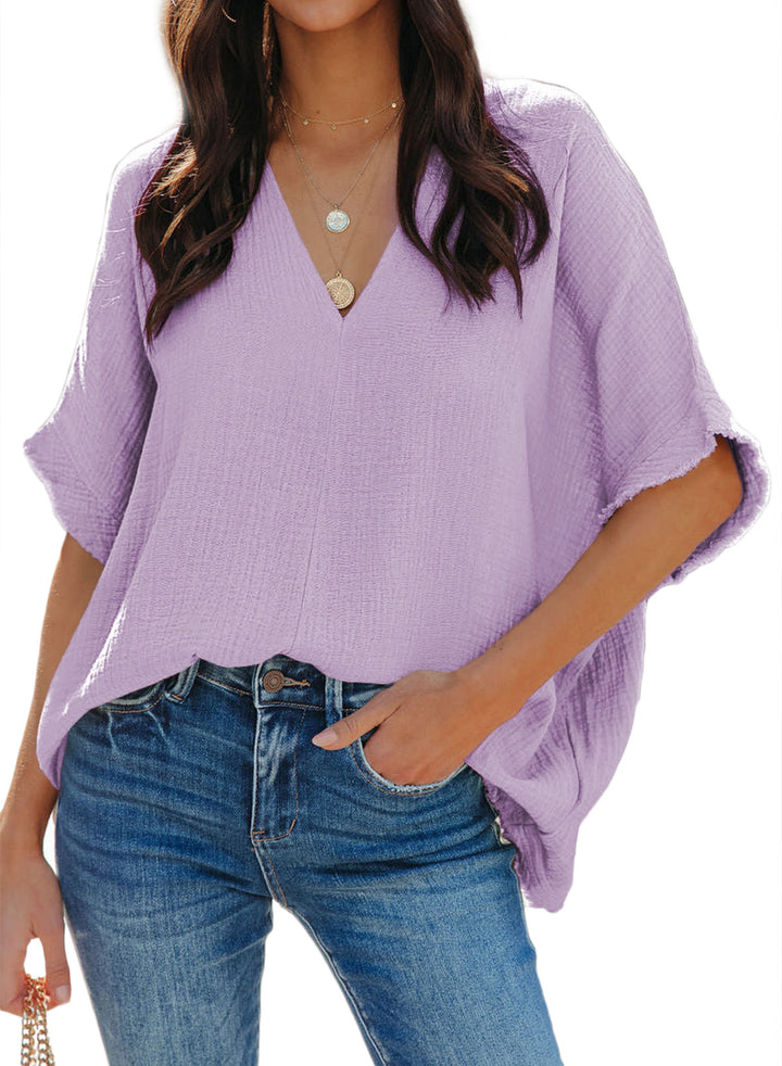 LC25114727-8-S, LC25114727-8-M, LC25114727-8-L, LC25114727-8-XL, LC25114727-8-2XL, Purple Dokotoo Casual Womens Short Sleeve V Neck Shirts Oversized Solid Blouses Tops