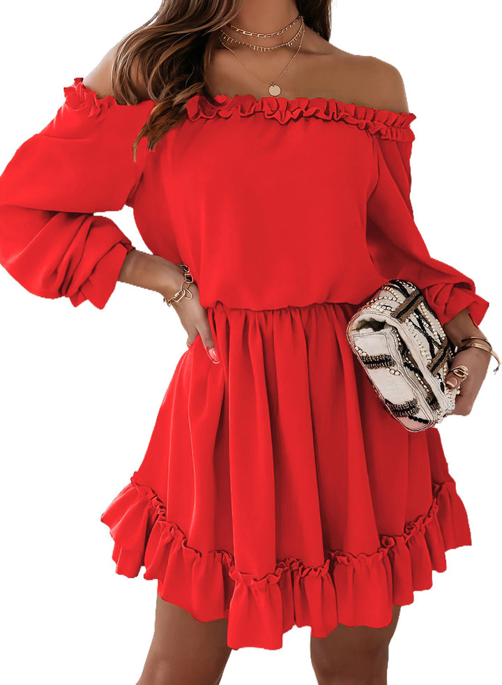 LC6116452-3-S, LC6116452-3-M, LC6116452-3-L, LC6116452-3-XL, Red Dokotoo Womens Spring 2024 Ruffle Off Shoulder Dress Long Sleeve Elastic Waist A-Line Casual Swing Mini Dresses
