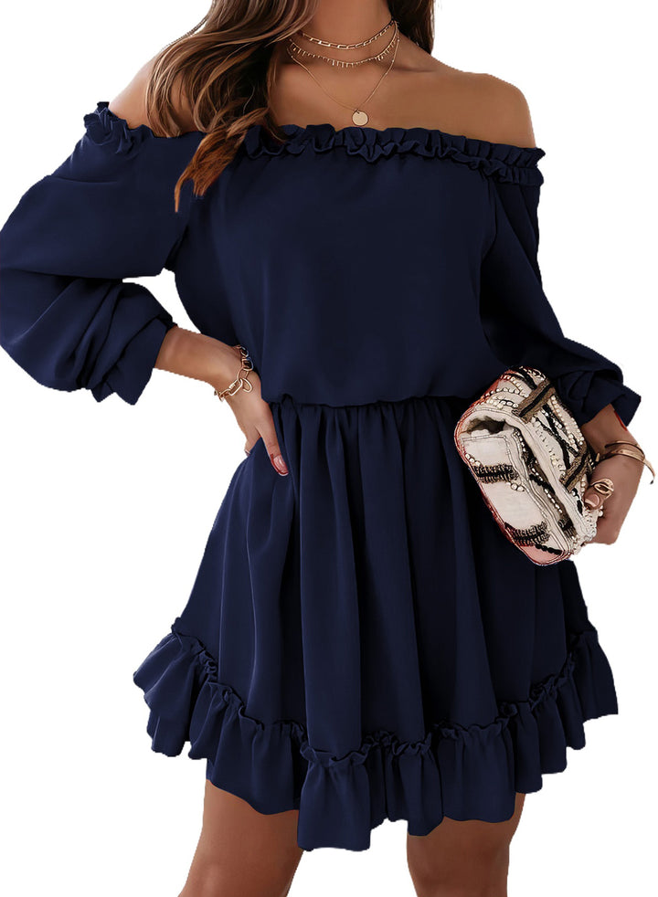 LC6116452-5-S, LC6116452-5-M, LC6116452-5-L, LC6116452-5-XL, Blue Dokotoo Womens Spring 2024 Ruffle Off Shoulder Dress Long Sleeve Elastic Waist A-Line Casual Swing Mini Dresses