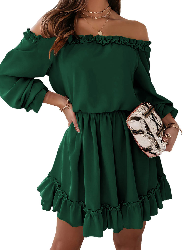 LC6116452-9-S, LC6116452-9-M, LC6116452-9-L, LC6116452-9-XL, Green Dokotoo Womens Spring 2024 Ruffle Off Shoulder Dress Long Sleeve Elastic Waist A-Line Casual Swing Mini Dresses