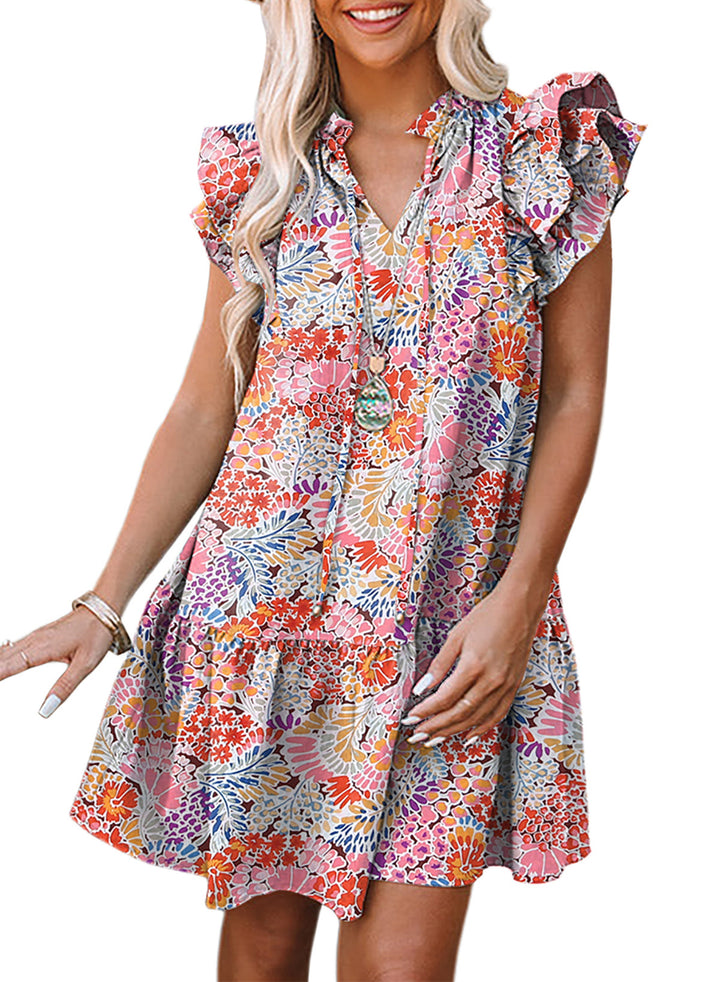 LC6113284-22-S, LC6113284-22-M, LC6113284-22-L, LC6113284-22-XL, Multicolor Dokotoo Womens Summer Dresses 2024 V-Neck Drawstring Ruffle Cap Short Sleeve Casual Side Pockets Mini Dress Sundress
