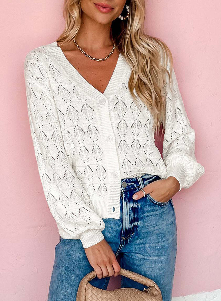LC271897-1-S, LC271897-1-M, LC271897-1-L, LC271897-1-XL, LC271897-1-2XL, White Dokotoo Cropped Cardigan Sweaters for Women Long Sleeve Crochet Knit Shrug Open Front V-Neck Button up Tops