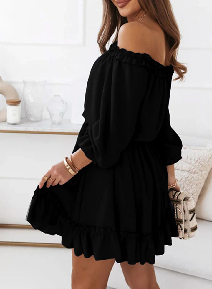 LC6116452-2-S, LC6116452-2-M, LC6116452-2-L, LC6116452-2-XL, Black Dokotoo Womens Spring 2024 Ruffle Off Shoulder Dress Long Sleeve Elastic Waist A-Line Casual Swing Mini Dresses